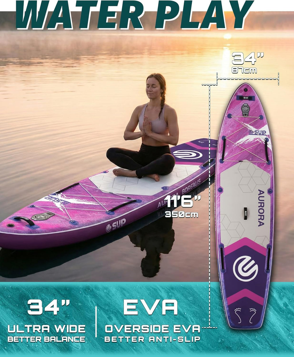 ESUP 11'6 ×34/35' Super Wide Inflatable Paddle Board with SUP Accessories, Extra Stable Stand Up Paddleboards for 2+1 Persons/Family/Beginner/Yoga, w/Shoulder Strap All-Round Sup Board