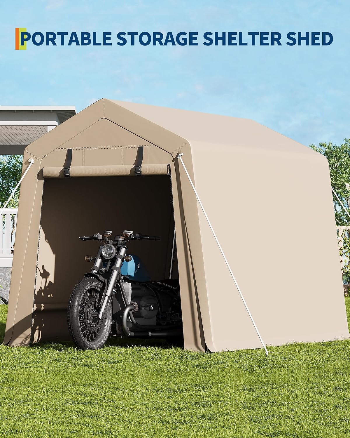 GarveeHome 6x6 FT Portable Outdoor Storage Shed with Roll-Up Zipper Door & Vent, 240G Heavy-Duty Shelter Waterproof PE Tarp, UV-Resistant Carport for Motorcycle, Firewood, Tools -Gray (Khaki, 6x8)