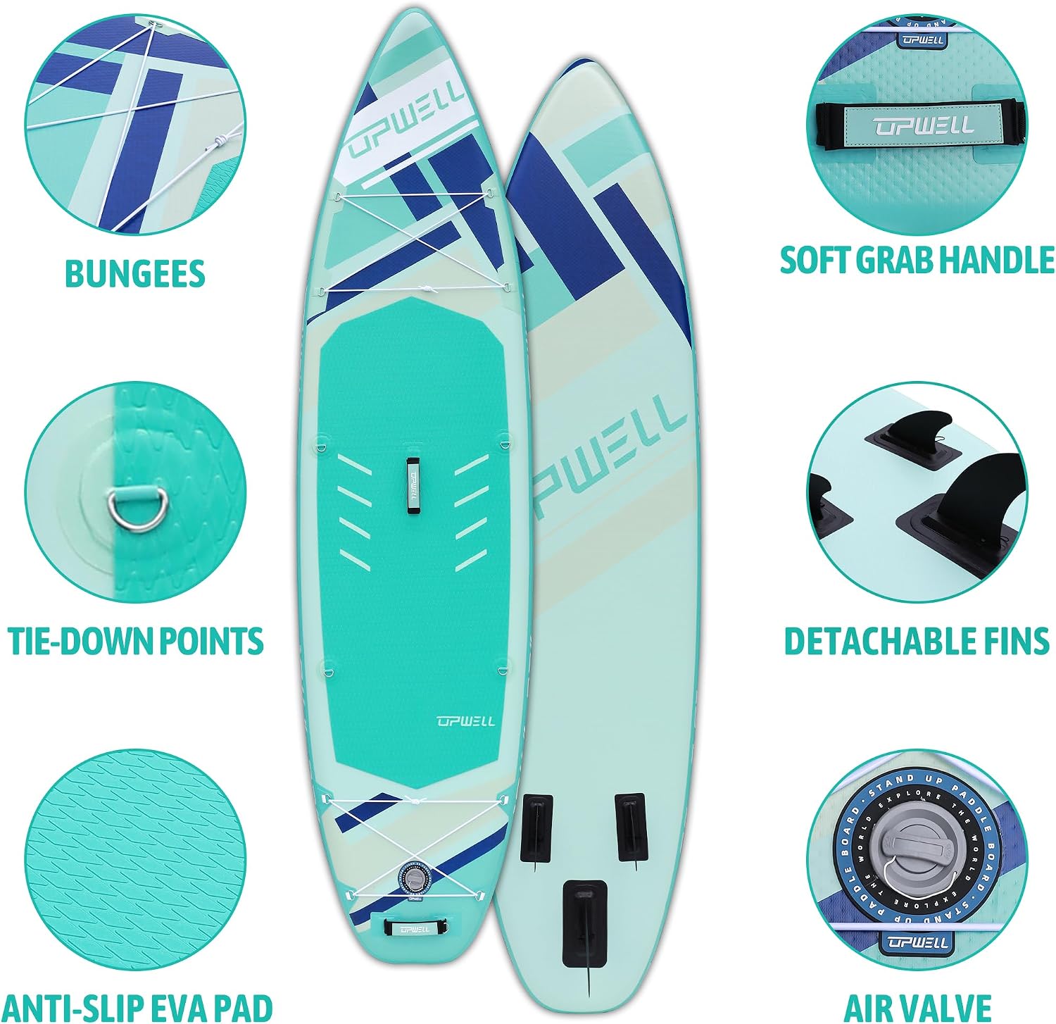 UPWELL 11'6'/11'2'/11'/10'8'/10'6'/10'2' Inflatable Stand Up Paddle Board with sup Accessories Including Backpack, Repairing Kits, Non-Slip Deck, Leash, 3 Fins, Paddle and Hand Pump
