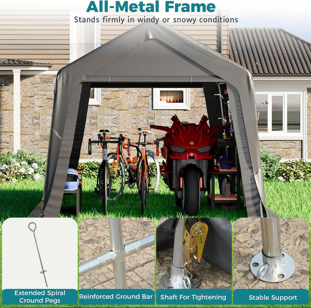 EROMMY 8x14 FT Heavy Duty Carport with All-Steel Metal Frame, Portable Garage with Reinforced Base, All-Season Car Canopy for Car, Boat, Truck