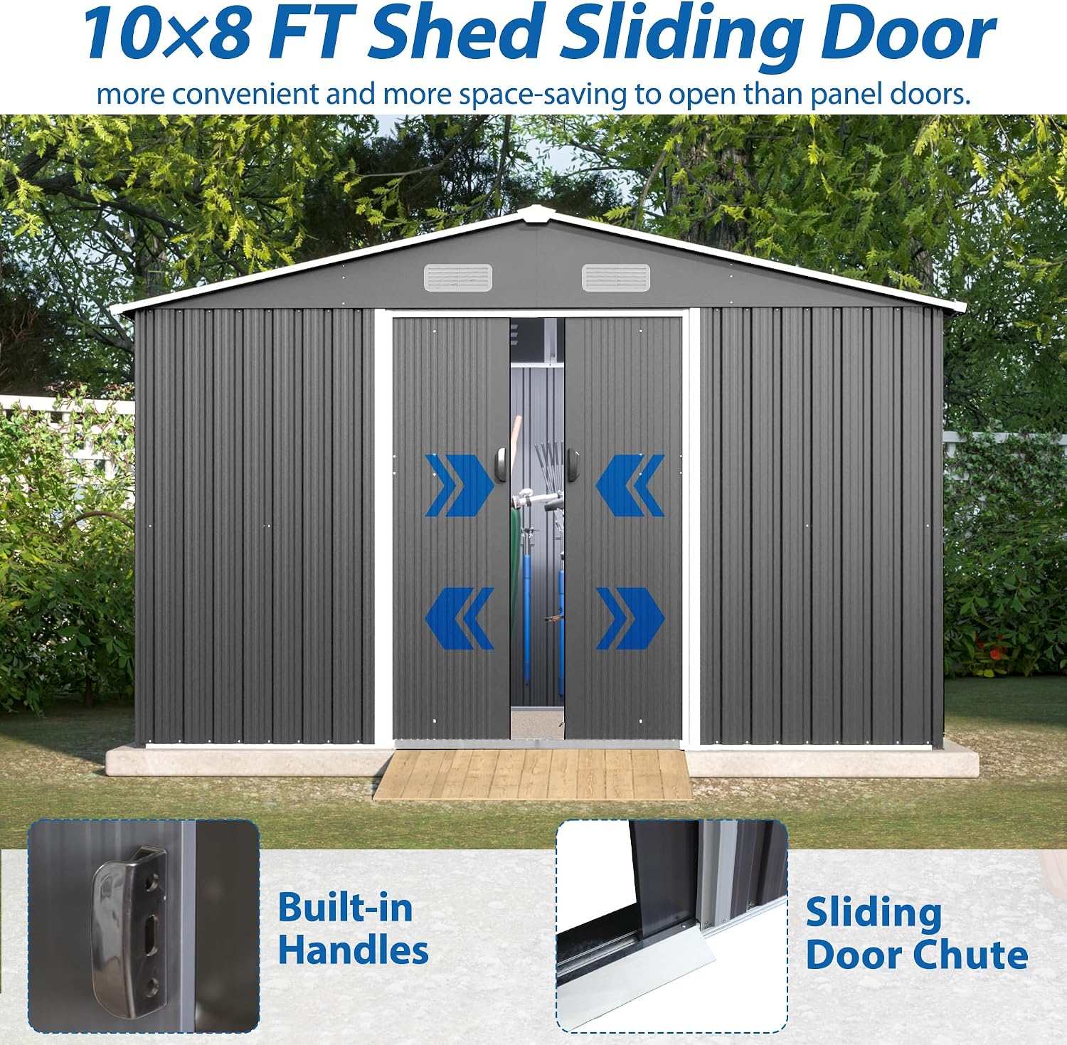 YOPTO 10X8 FT Outdoor Storage Shed W/Lockable Sliding Doors,Metal Shed W/Sloped Roof & Air Vents,All Weather Garden Tool House for Backyard Patio Lawn,Gray