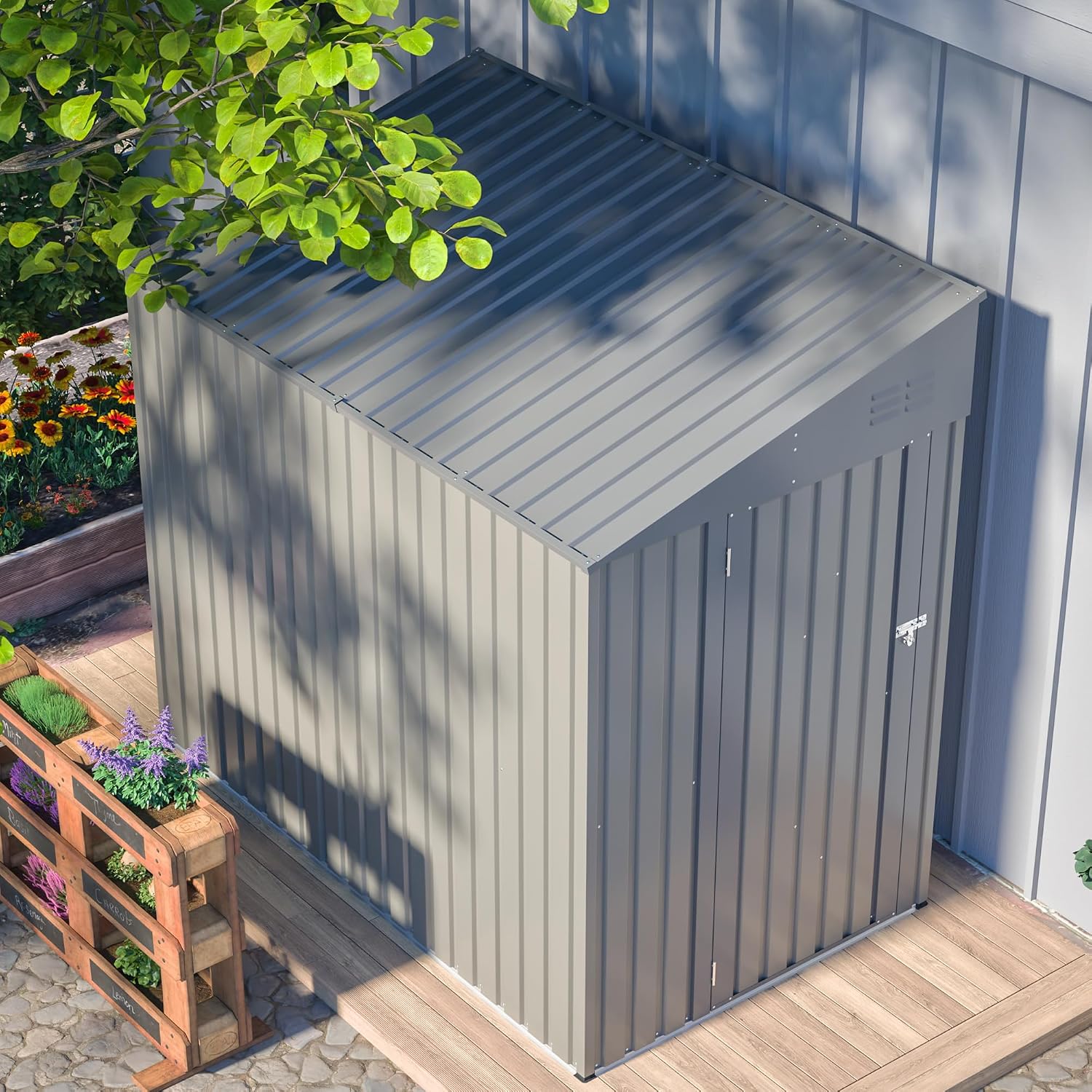 YOPTO 4x7 FT Outdoor Storage Shed,Lean to Lockable Metal Garden Shed Steel with Reinforced Beams,All Weather Waterproof Storage House W/Lockable Door&2 Air Vents,for Backyard,Patio,Lawn,Garden,Gray