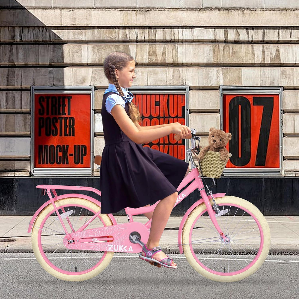 WEEROCK Girls Bike 20/24 Inch Kid Bicycle for 7 + Years Old, 20' 24' Bikes with Front Basket and Rear Rack, V and Coaster Brake for Children, Student Multiple Colors