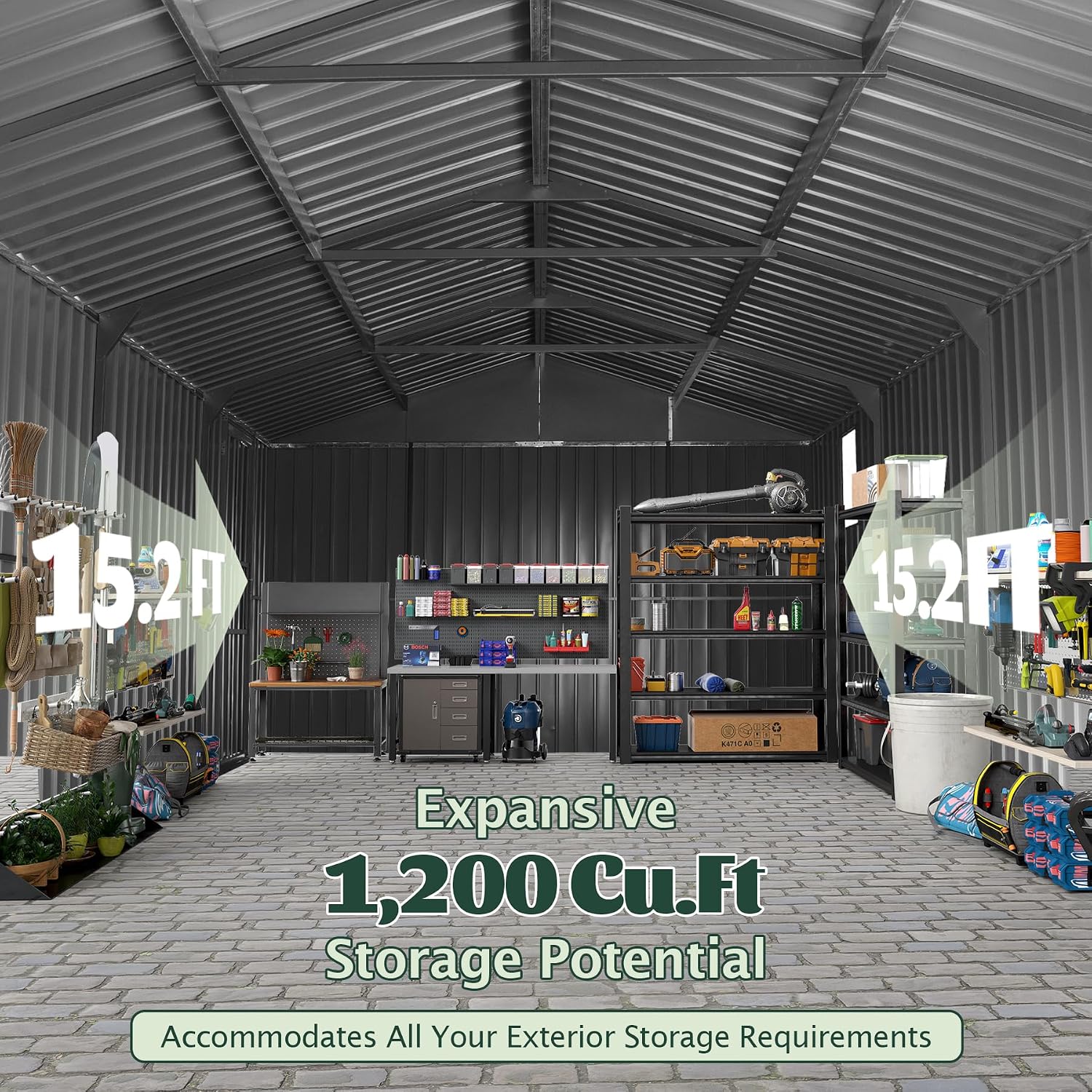 Domi 12'x15' Outdoor Metal Garage Shed, Weatherproof Enclosed Carport with Sidewalls & 2 Lockable Doors, Backyard Storage Shed for Car, Bike, Motorcycle, Lawn Mower, 80MPH Wind Resistance, Dark Grey