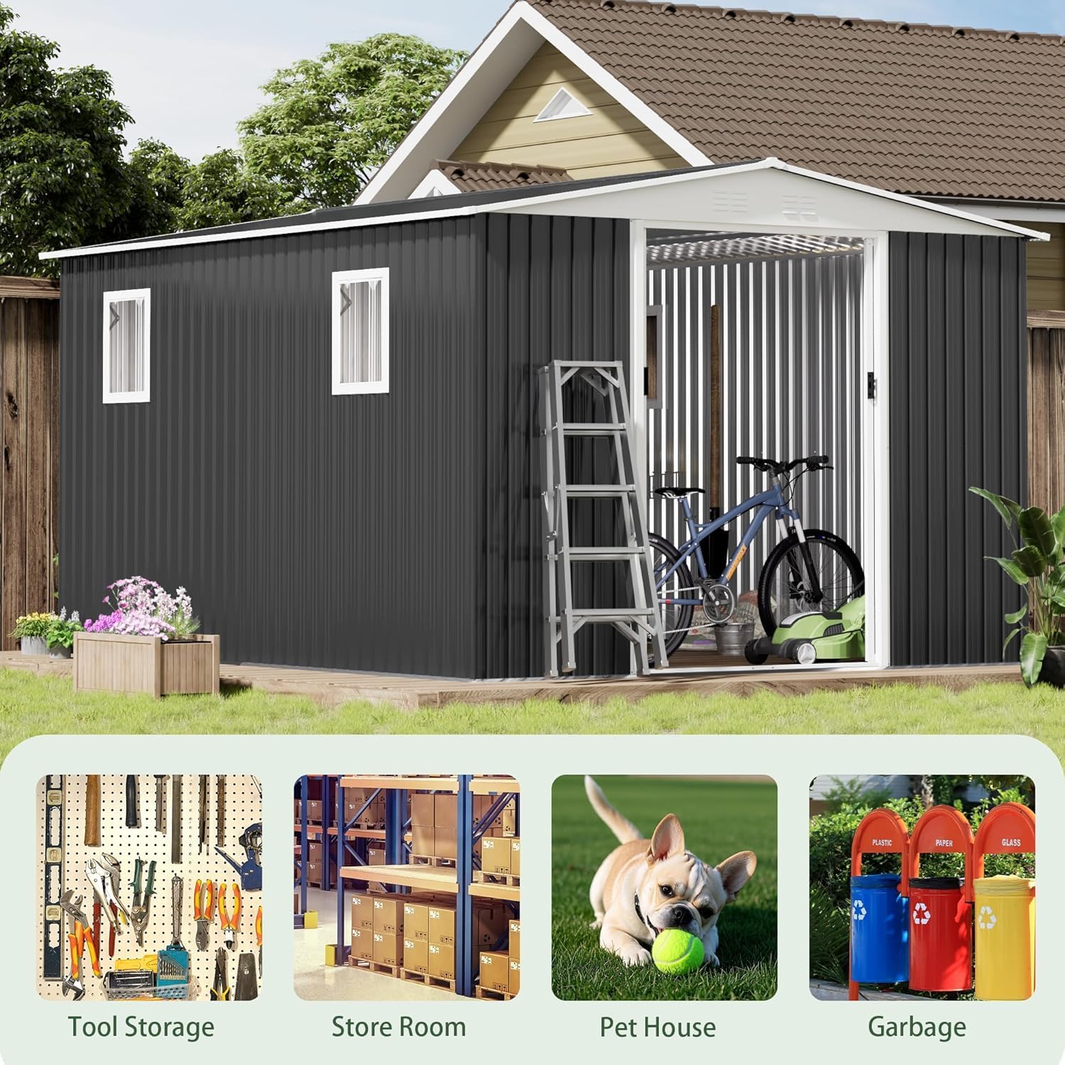 12FT x 10FT Outdoor Storage, Metal Anti-Corrosion Utility Tool House with Lockable Door & Shutter Vents，Outdoor Waterproof Garden Tool Storage Sheds