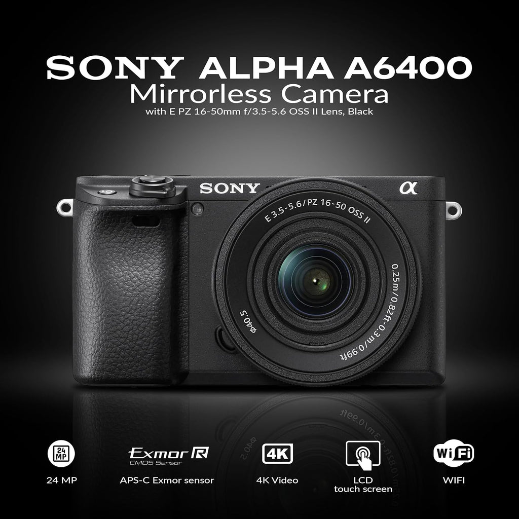Sony Alpha a6400 Mirrorless Digital Camera with 16-50mm f/3.5-5.6 II Lens, Black Bundle with Shoulder Bag, 32GB SD Card, Cleaning Kit, Card Reader, Card Case, Software Kit, Filter Kit