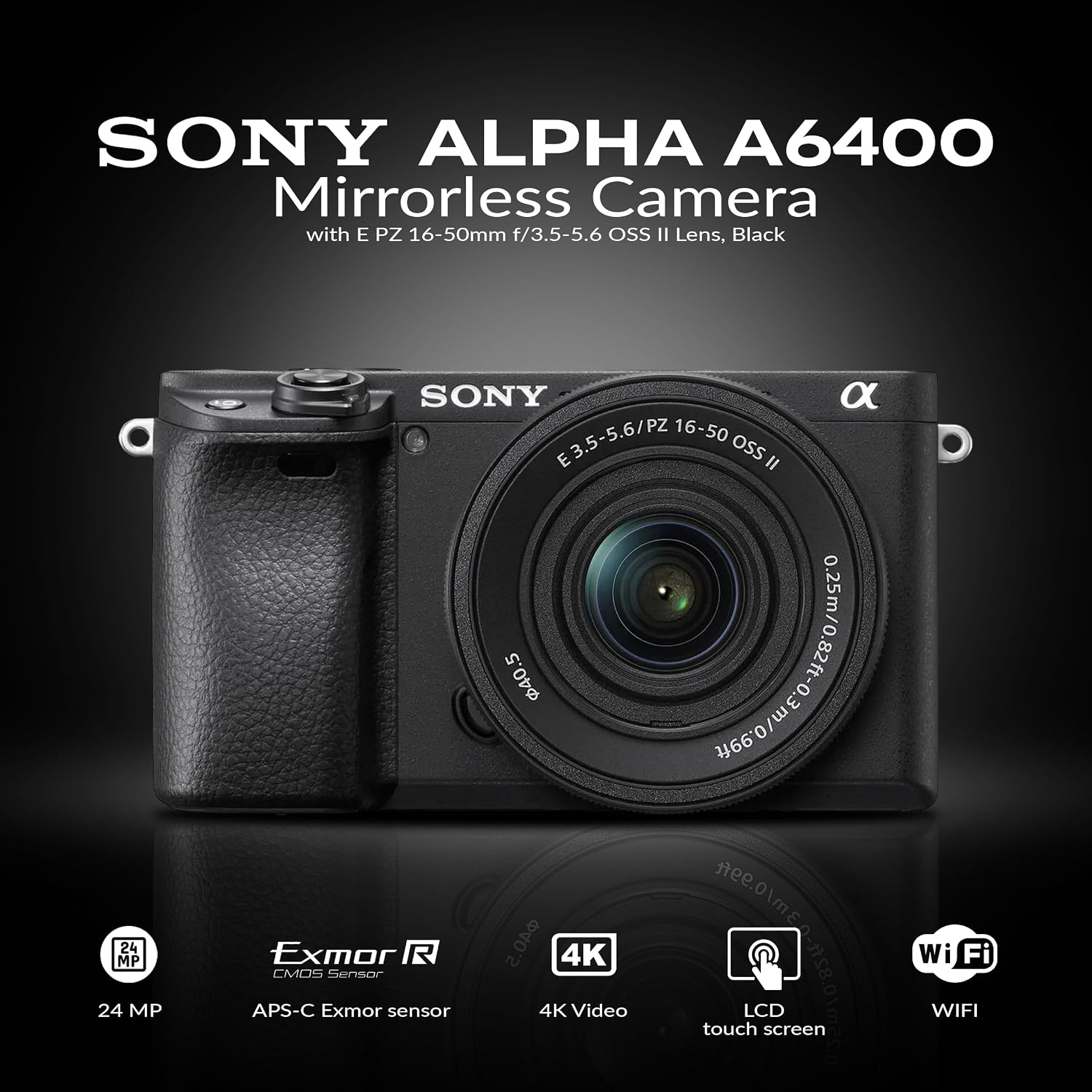 Sony Alpha a6400 Mirrorless Digital Camera with 16-50mm f/3.5-5.6 II Lens, Black Bundle with Shoulder Bag, 32GB SD Card, Cleaning Kit, Card Reader, Card Case, Software Kit, Filter Kit