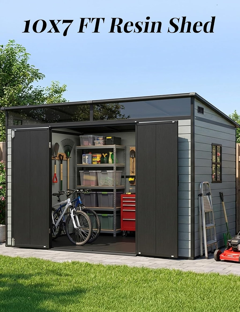 10x7ft Lean to Shed with Floor, Resin Storage Shed with Window and Lockable Door, Plastic Garden Shed for Backyard Patio and Outdoor Tool Storage (Black+Grey)