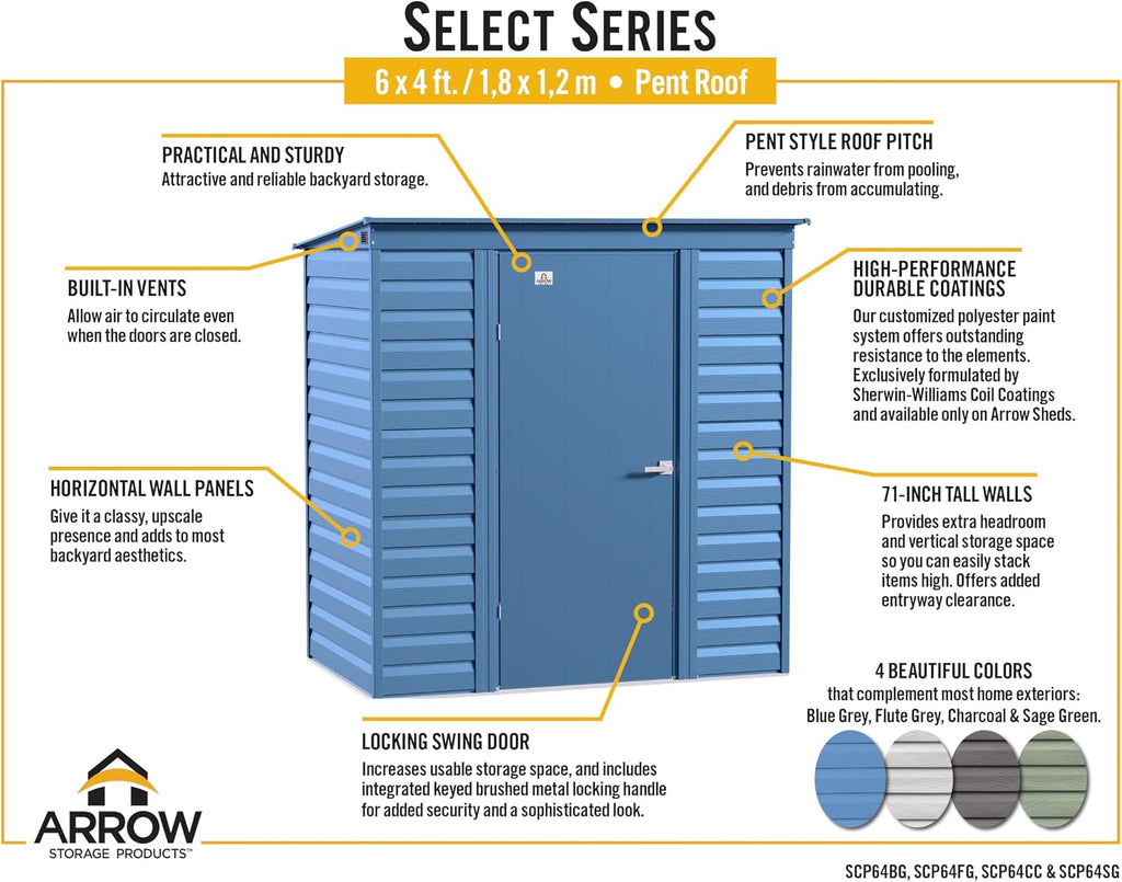 Arrow Select 6' x 4' Outdoor Lockable Steel Storage Shed Building, Flute Grey