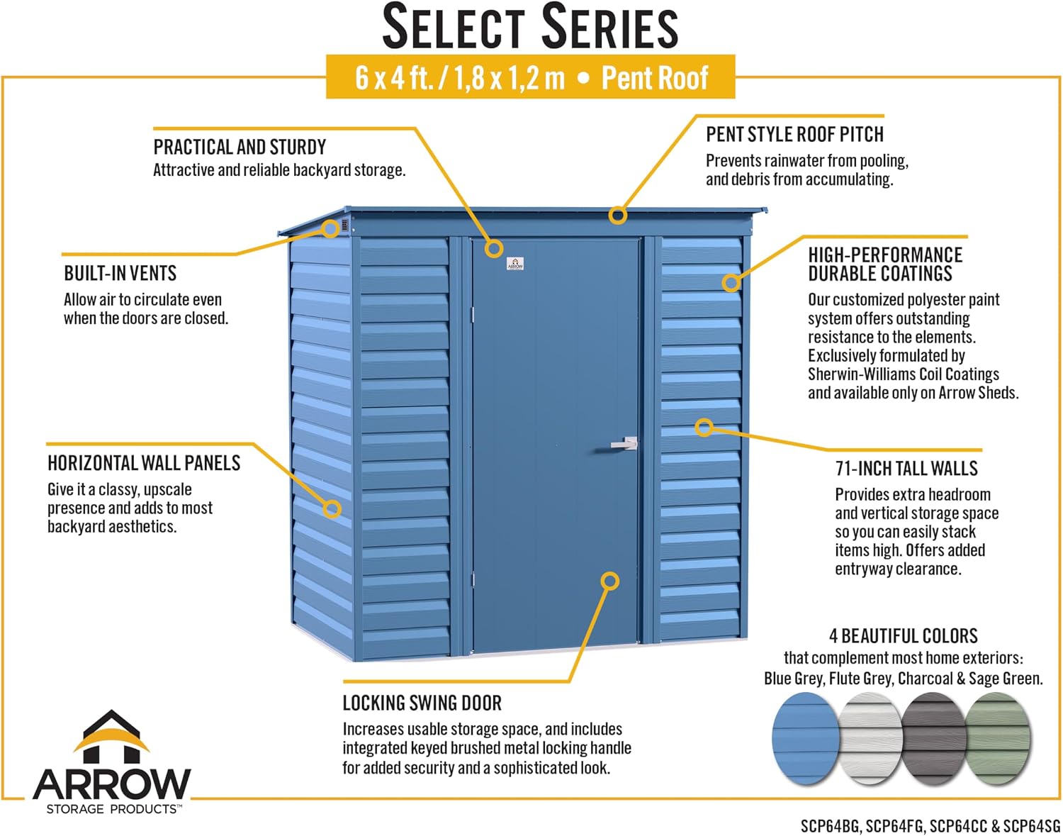 Arrow Select 6' x 4' Outdoor Lockable Steel Storage Shed Building, Flute Grey