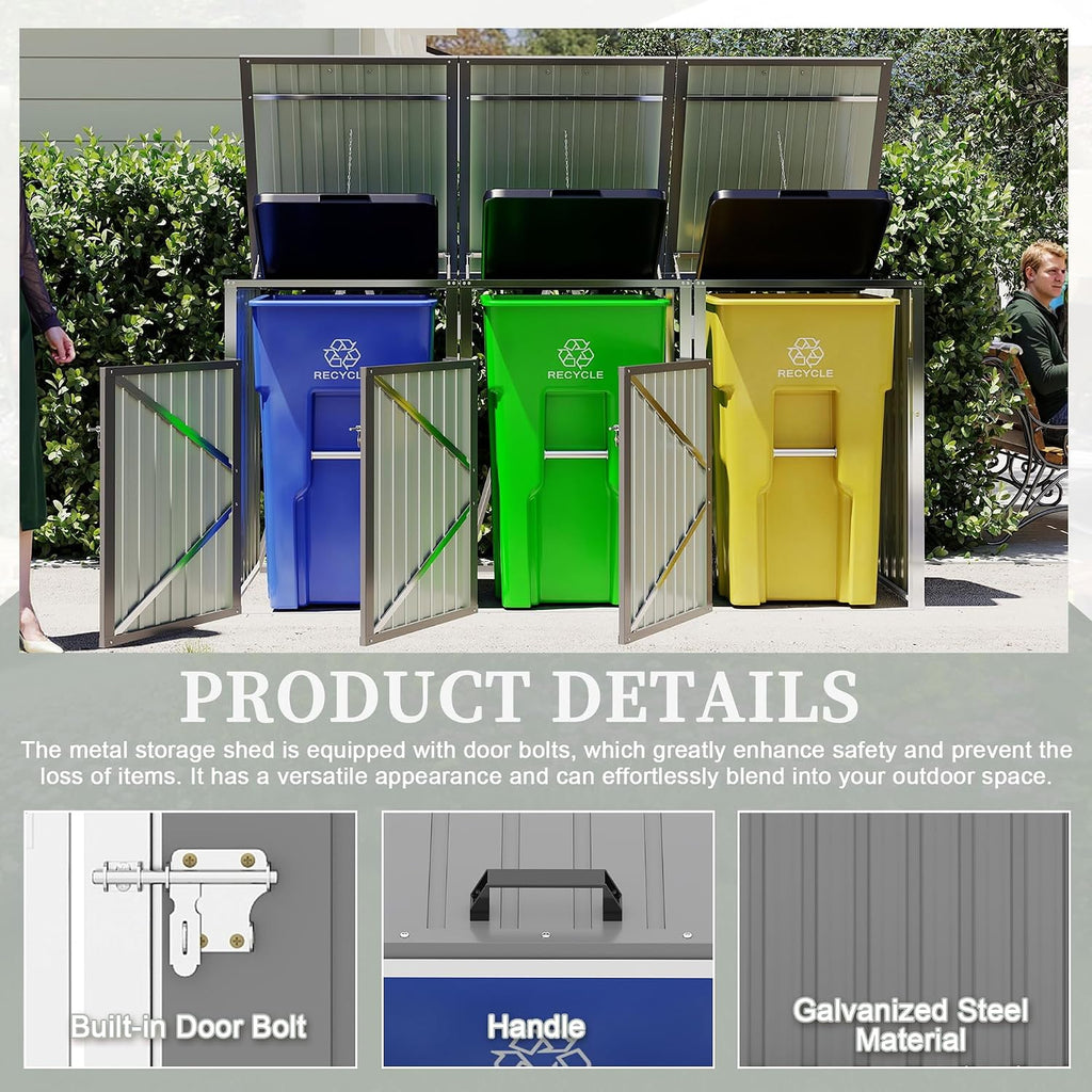 Montary 85 CU.FT Metal Outdoor Garbage Bin Storage Shed with Chain Lid, Waterproof Trash Can Organizer for 3 Bins, Garden Tools for Garden Yard Lawn, Grey