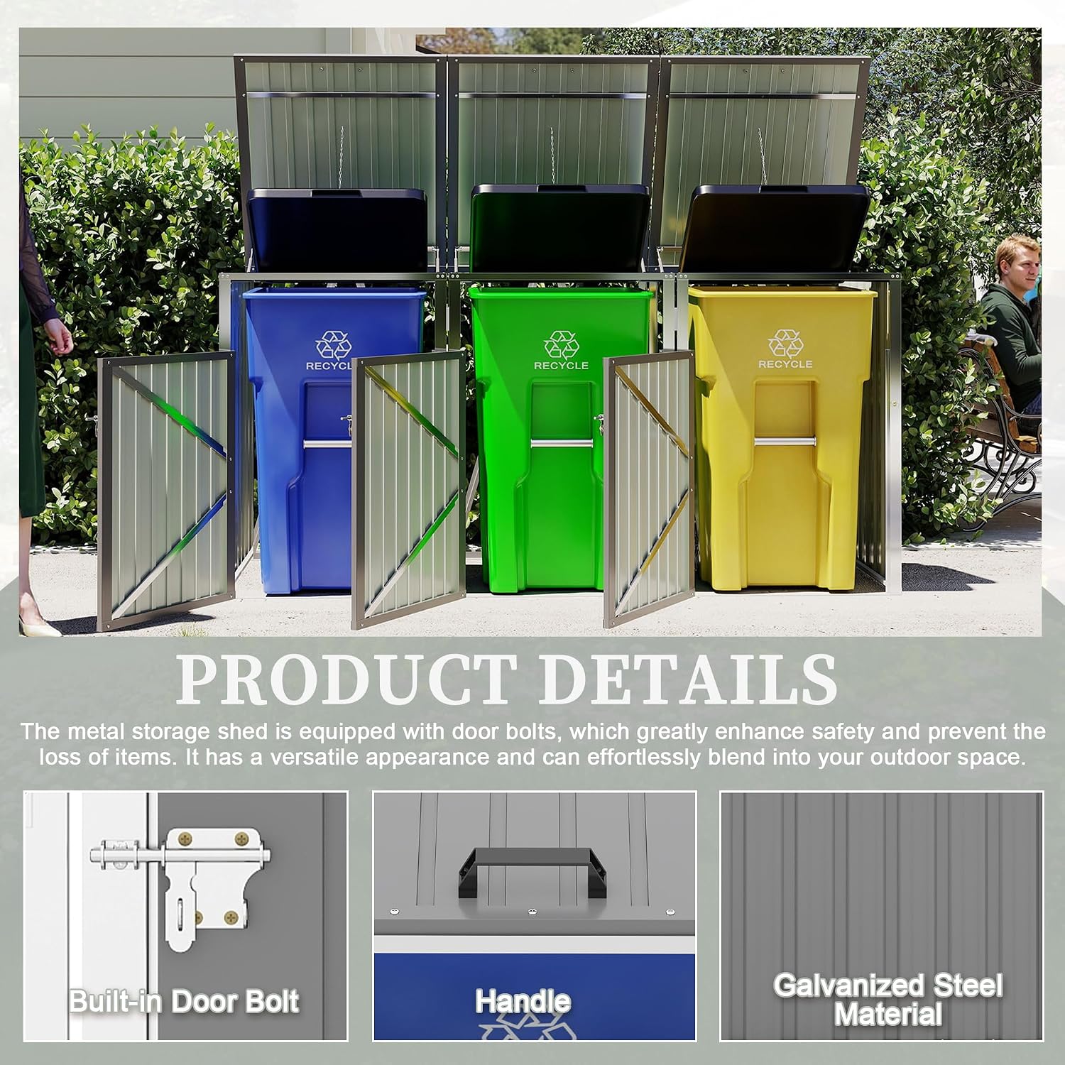Montary 85 CU.FT Metal Outdoor Garbage Bin Storage Shed with Chain Lid, Waterproof Trash Can Organizer for 3 Bins, Garden Tools for Garden Yard Lawn, Grey