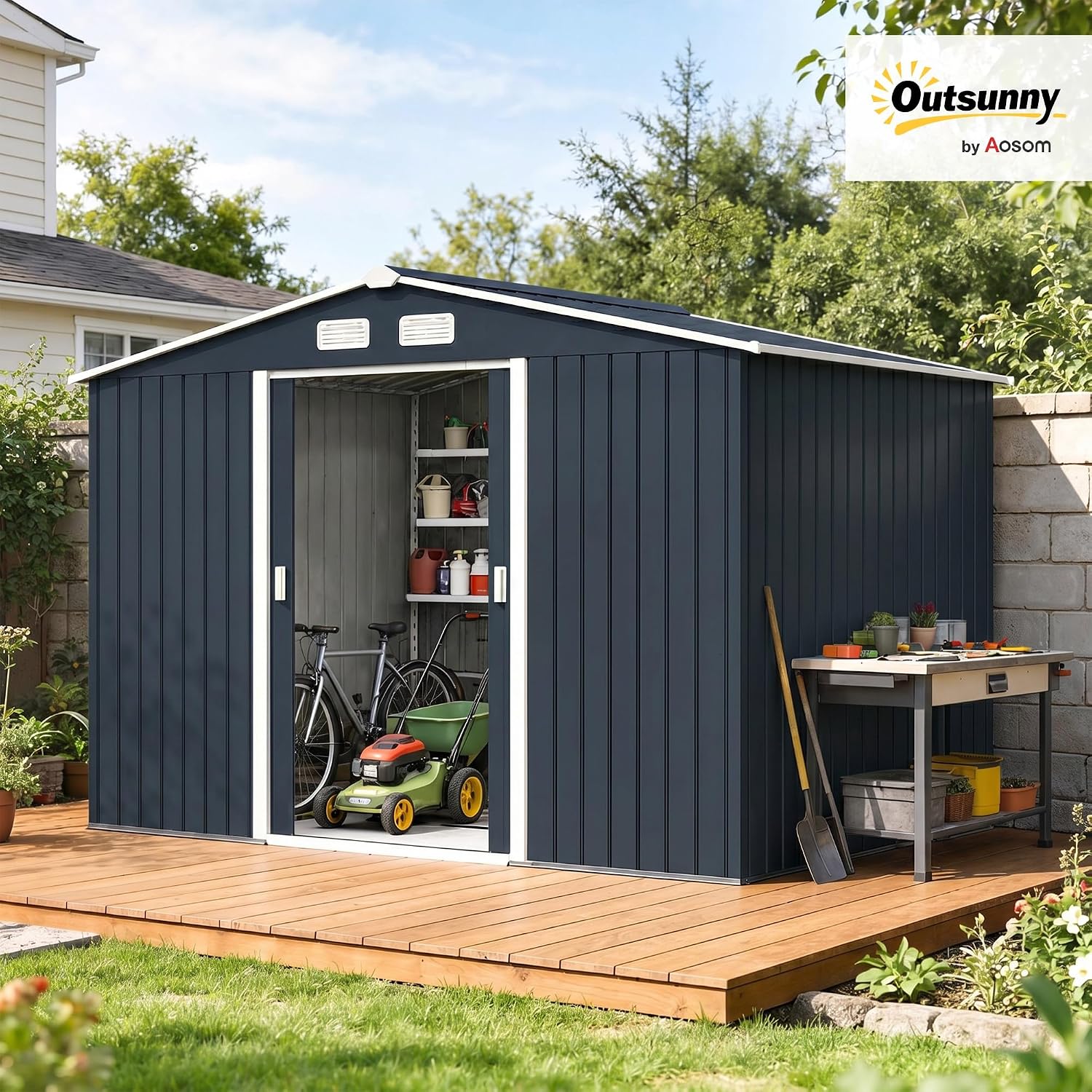 Outsunny 9' x 6' Outdoor Storage Shed, Garden Tool Metal Shed with Foundation Kit, Double Lockable Door, Air Vents and Sloping Roof, for Backyard, Patio, Lawn, Dark Gray