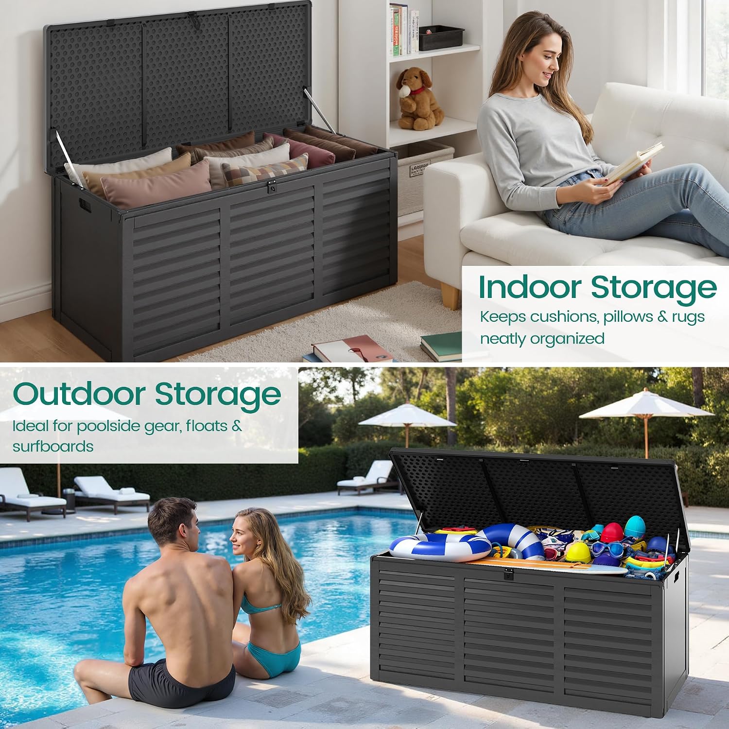Resin Deck Box 130 Gallon, Lockable & Waterproof Outdoor Storage, UV-Resistant Patio Box for Cushions, Tools, and Outdoor Accessories (Black)