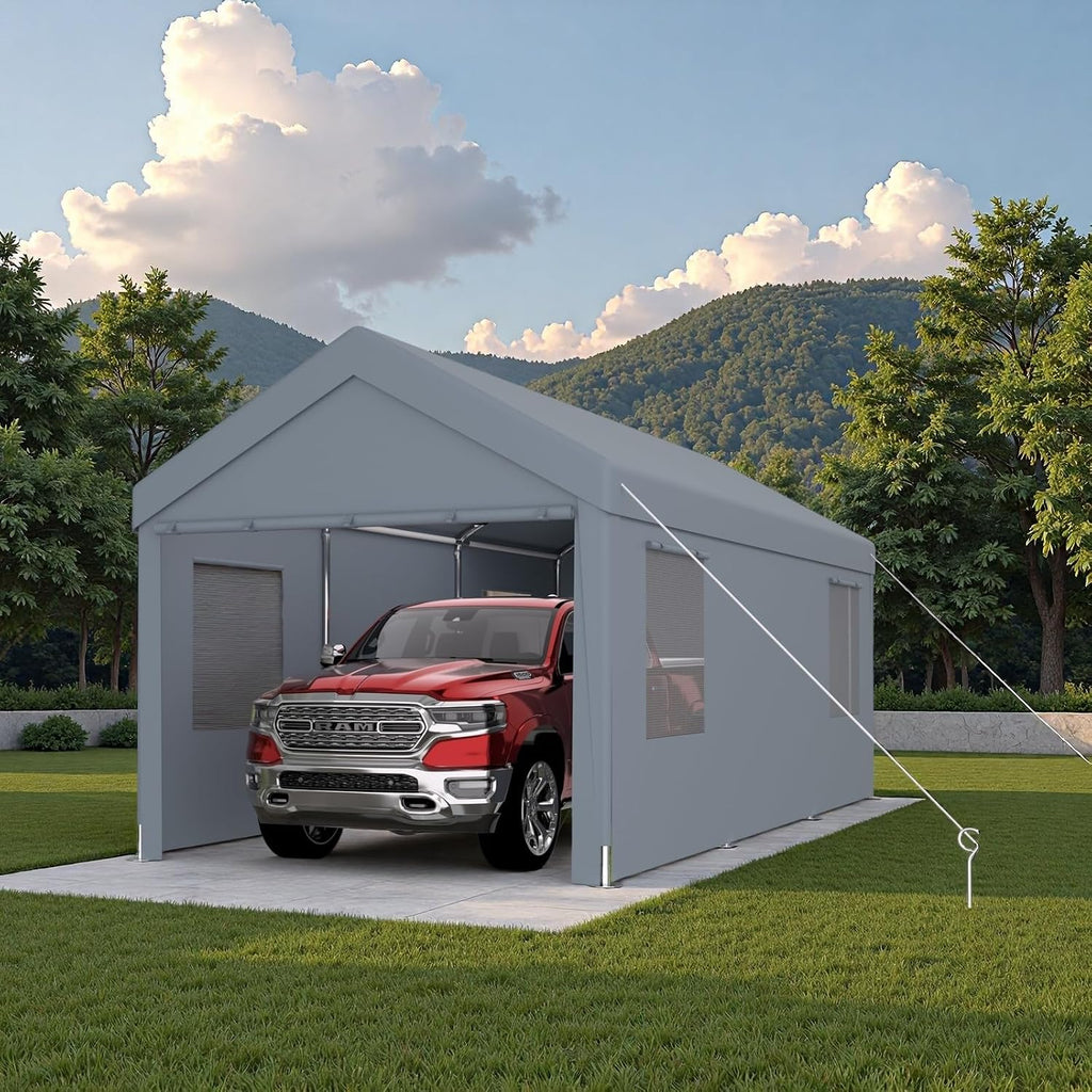 12x20FT Canopy, Outdoor Portable Garage with 2 Roll-Up Doors & 4 Ventilated Windows, Patio Camping Heavy Duty Car Port Canopy with PE Cover, Ground Pegs & Steel Cables, Easy Assembly, Grey
