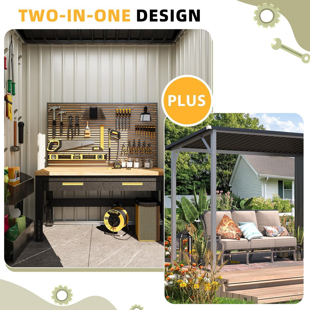 AECOJOY 8x4 FT Outdoor Storage Shed & Hardtop Gazebo Combo, 14x4FT Metal Lean to Shed with 6'x4' Open Pergola, 2-in-1 Tool Sheds & Outdoor Storage for Patio, Backyard, Garden