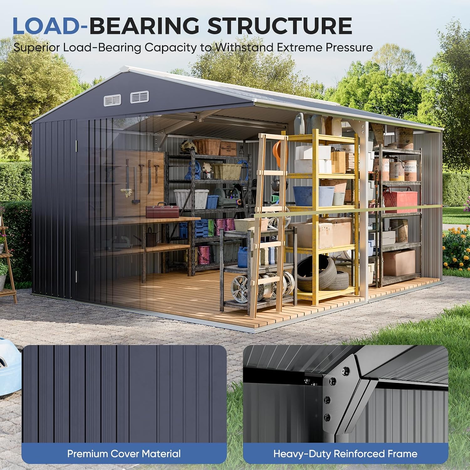 K Knowbody 10x12 FT Heavy Duty Metal Shed, 20-Gauge Reinforced Frame with Powder Coating, 50 PSF Snow Load & 120 MPH Wind Rated, Large Outdoor Storage Building with Skylight for Garden & Bike