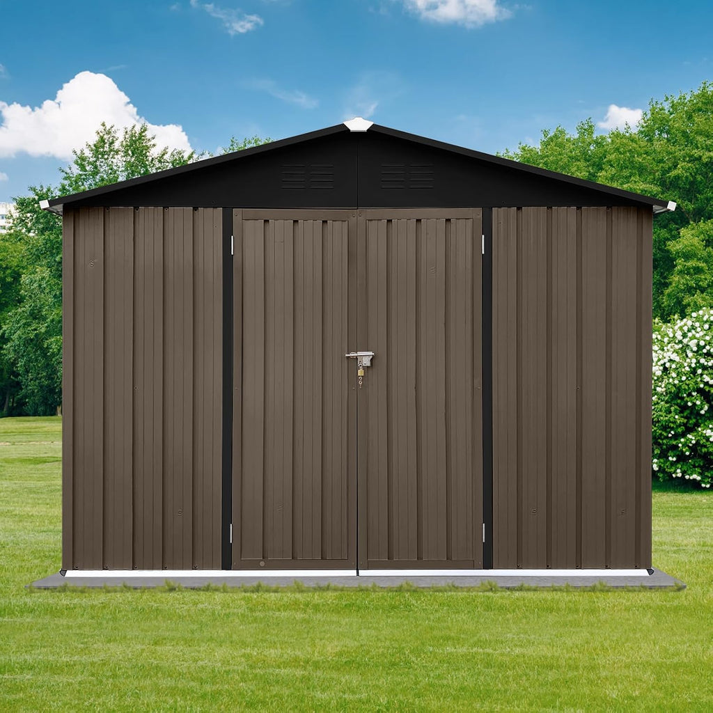 Metal Outdoor Storage Shed 8 x 6 FT, Steel Utility Tool Shed Storage House with Sloping Roof and Lockable Door, Waterproof Garden Storage Tool Shed for Backyard Patio Lawn (Brown, 8X6 FT)