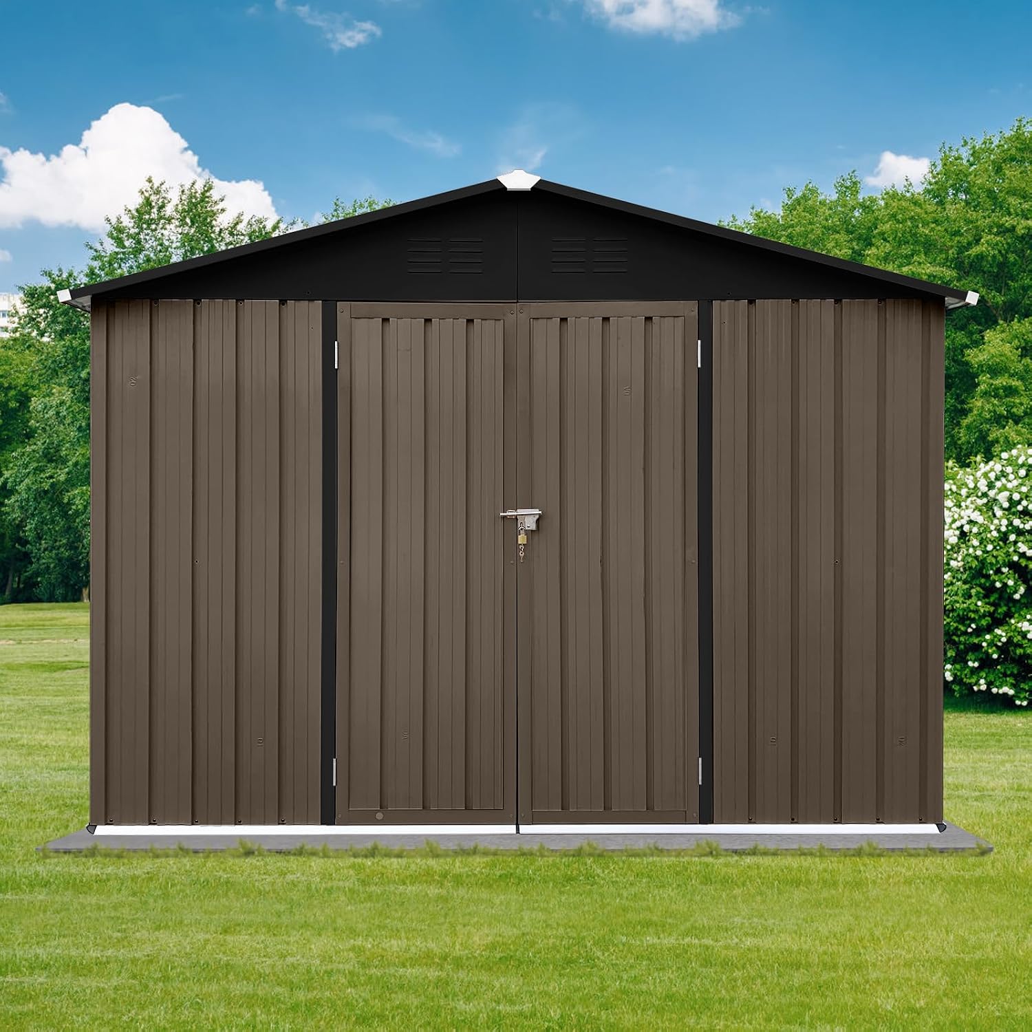Metal Outdoor Storage Shed 8 x 6 FT, Steel Utility Tool Shed Storage House with Sloping Roof and Lockable Door, Waterproof Garden Storage Tool Shed for Backyard Patio Lawn (Brown, 8X6 FT)