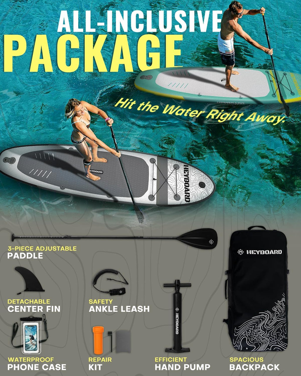 HEYBOARD Inflatable Stand Up Paddle Board 10'6'×32'×6' Standup Paddleboard with Premium SUP Accessories & Backpack, Non-Slip Deck, Waterproof Bag, Leash, Paddle, Hand Pump