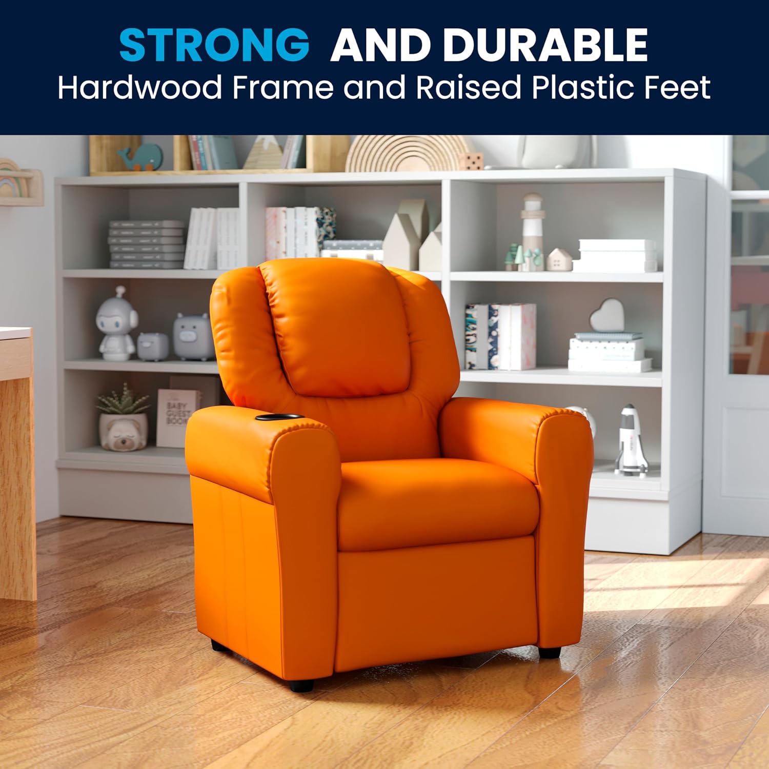 Flash Furniture Vana Vinyl Kids Recliner with Cup Holder, Headrest, and Safety Recline, Contemporary Reclining Chair for Kids, Supports up to 90 lbs., Orange