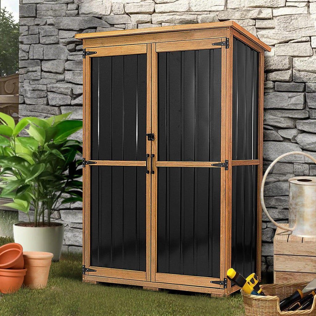 46' L Outdoor Storage Cabinet with Shelves, Wood & Metal Storage Shed with Waterproof Roof, Outside Storage Cabinet Weather-Resistant for Garage Patio Backyard Garden