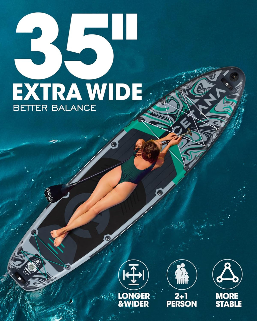 CETANA 11'6×35' Extra Wide Stand Up Paddle Board for Adults & Youth, 400lb Capacity Inflatable Paddle Board, Sup for 2+1 Person with Removable US Fin, 100L Backpack, Floating Paddle, Safety Leash