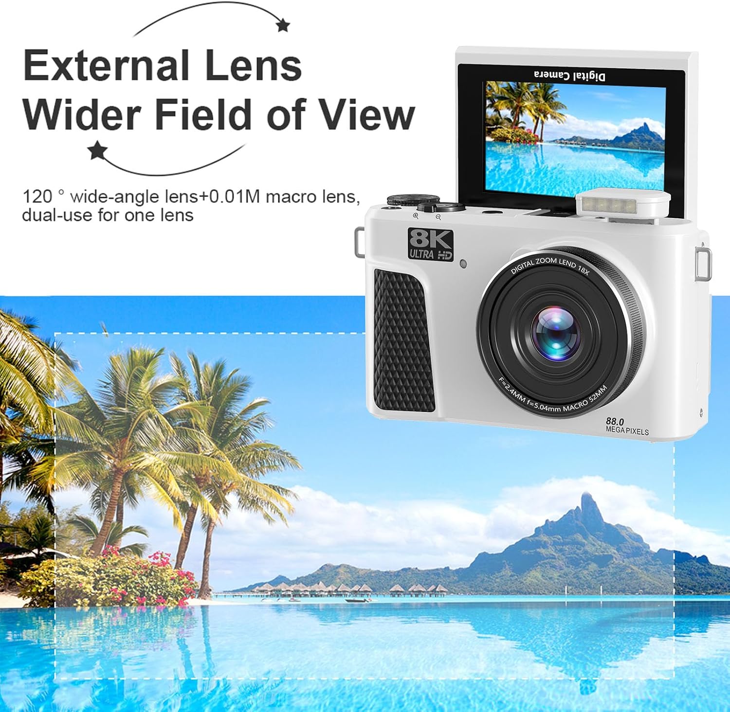 PUSOKEI 8K Digital Camera, Auto Focus 88MP Cameras for Photography, 18x Zoom WiFi Vlogging Camera, 3 inch Flip Screen, with Webcam Mode, Filter, Multiple Filters LED Fill Light (White)