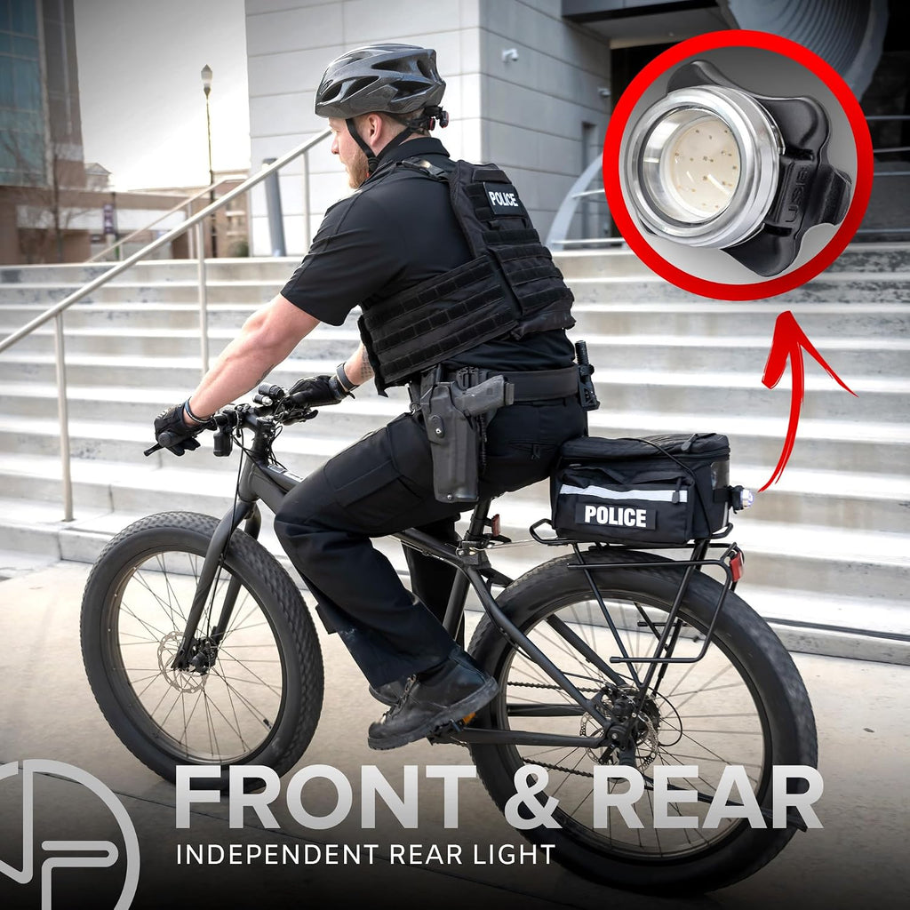 NP NIGHT PROVISION PS1200-BLUE Front & OPTIKS-Blue Emergency Patrol Bike Light - Blue/Blue Strobe LED - Rechargeable - Water Proof - 5 Modes. for Police Officers, EMS, Volunteers, and Security