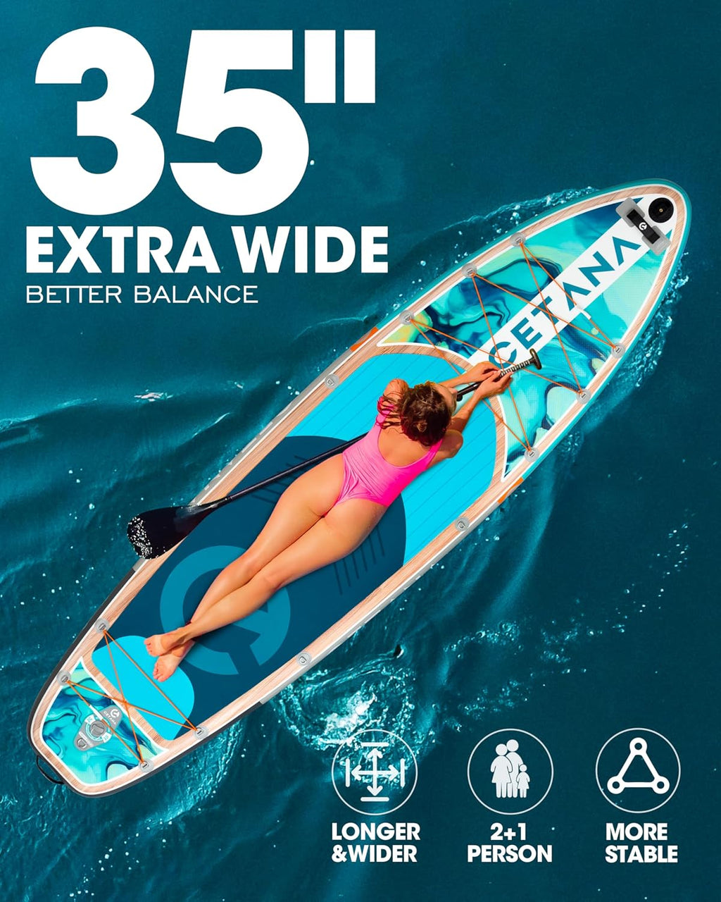 CETANA 11'6×35' Extra Wide Stand Up Paddle Board for Adults & Youth, 400lb Capacity Inflatable Paddle Board, Sup for 2+1 Person with Removable US Fin, 100L Backpack, Floating Paddle, Safety Leash