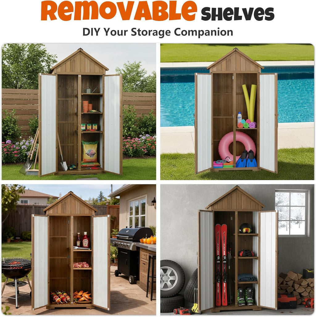 Outdoor Storage Cabinet with Shelves, Wood & Metal Storage Shed with Weatherproof Roof, 3 Removable Shelves, Double Lockable Doors, Adjustable Feet, Outside Storage Cabinet for Garage,Backyard, Patio