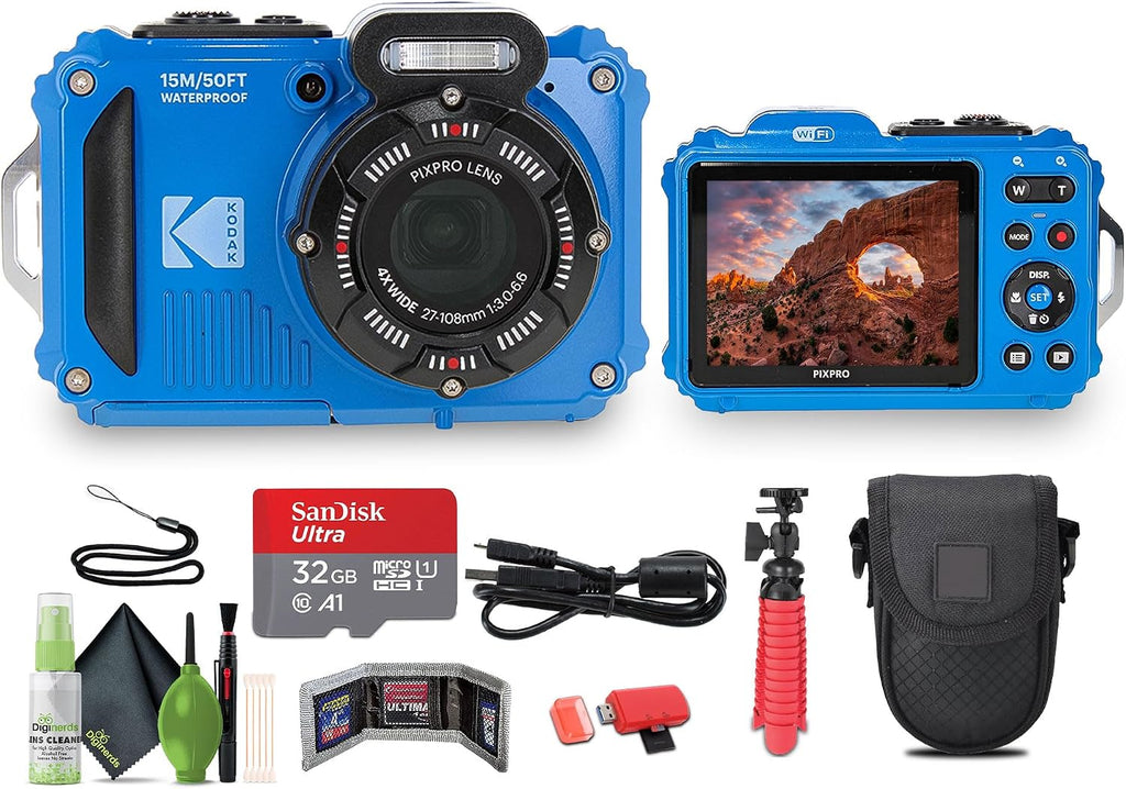 KODAK PIXPRO WPZ2 Rugged Waterproof Shockproof Dustproof WiFi Digital Vlogging Camera 16MP (Blue) Bundle with 32GB Memory Card + Vlogger Tripod + Bag + Cleaning Kit + More Accessories