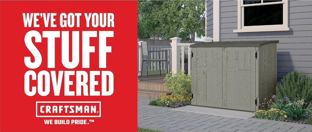 Craftsman Horizontal Shed, Compact Outdoor Storage System, 34 Cu. Ft. Capacity, Made in USA - Lockable Multi-Wall Resin Organizer for Garbage Cans, Garden Tools, Bins, Bikes and Yard Equipment
