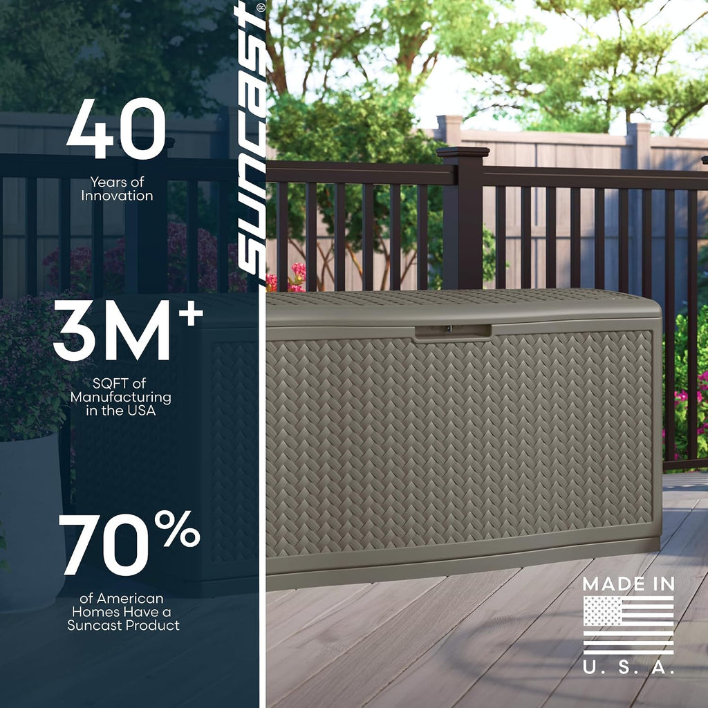 Suncast Extra Large Deck Box - 124 Gallon Resin Outdoor Storage Box with Lockable Lid for Outdoor Cushion Storage, & Garden Gear, Stoney Grey Wicker Bin for Patio, Porch, Pool, & Yard