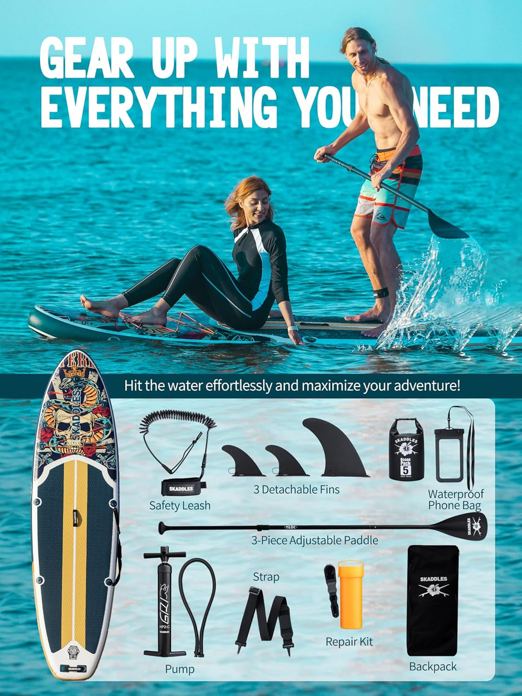 10'6'' Inflatable Stand Up Paddle Board (SUP) for Adults and Youth with Non-Slip Deck – Complete Accessories Kit, for Fishing, Yoga, Fitness & Family Fun