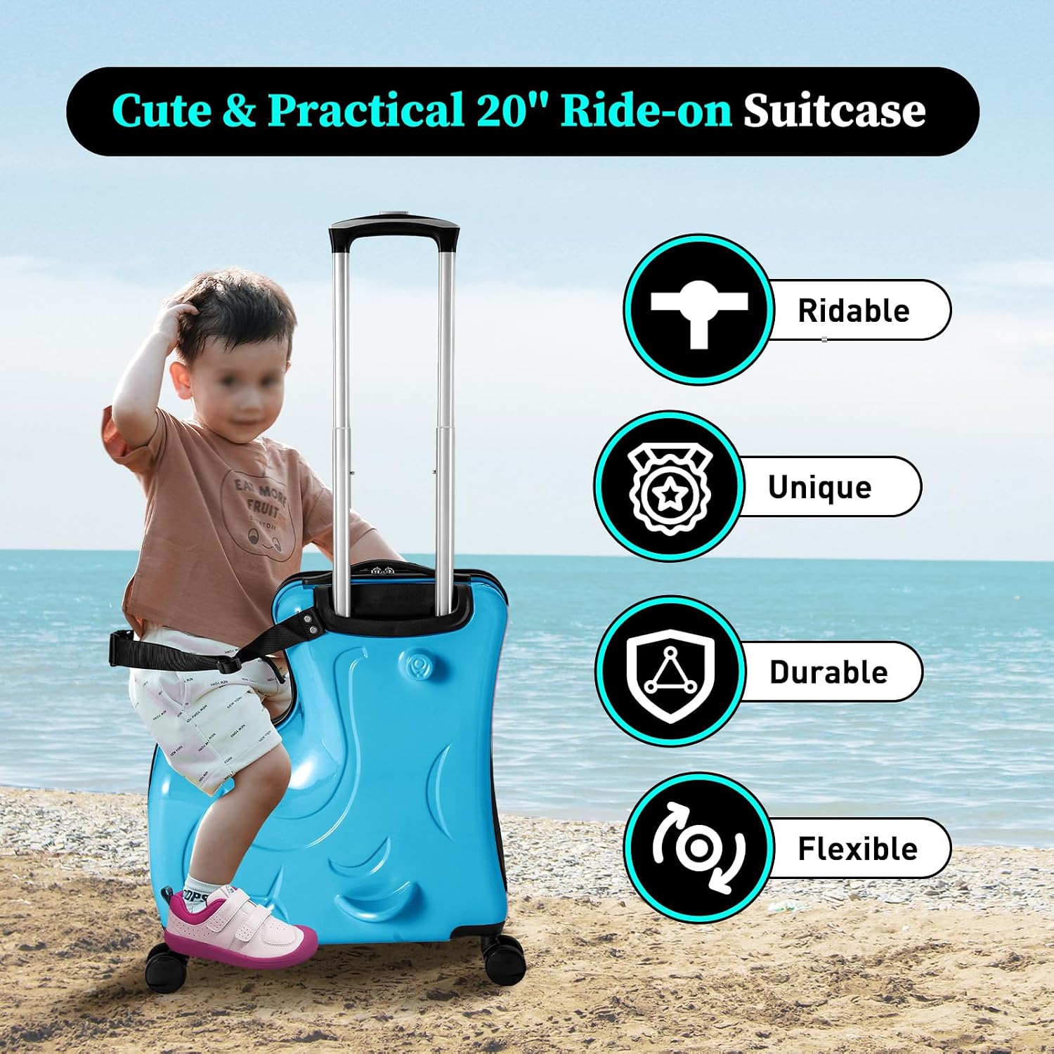 20Inch Kid Ride Suitcase, Kids Travel Suitcase with Lock & Safety Belt, Portable Children's Travel Trolley Case, Ride On Suitcase for Kids Aged 3-6 Years Old