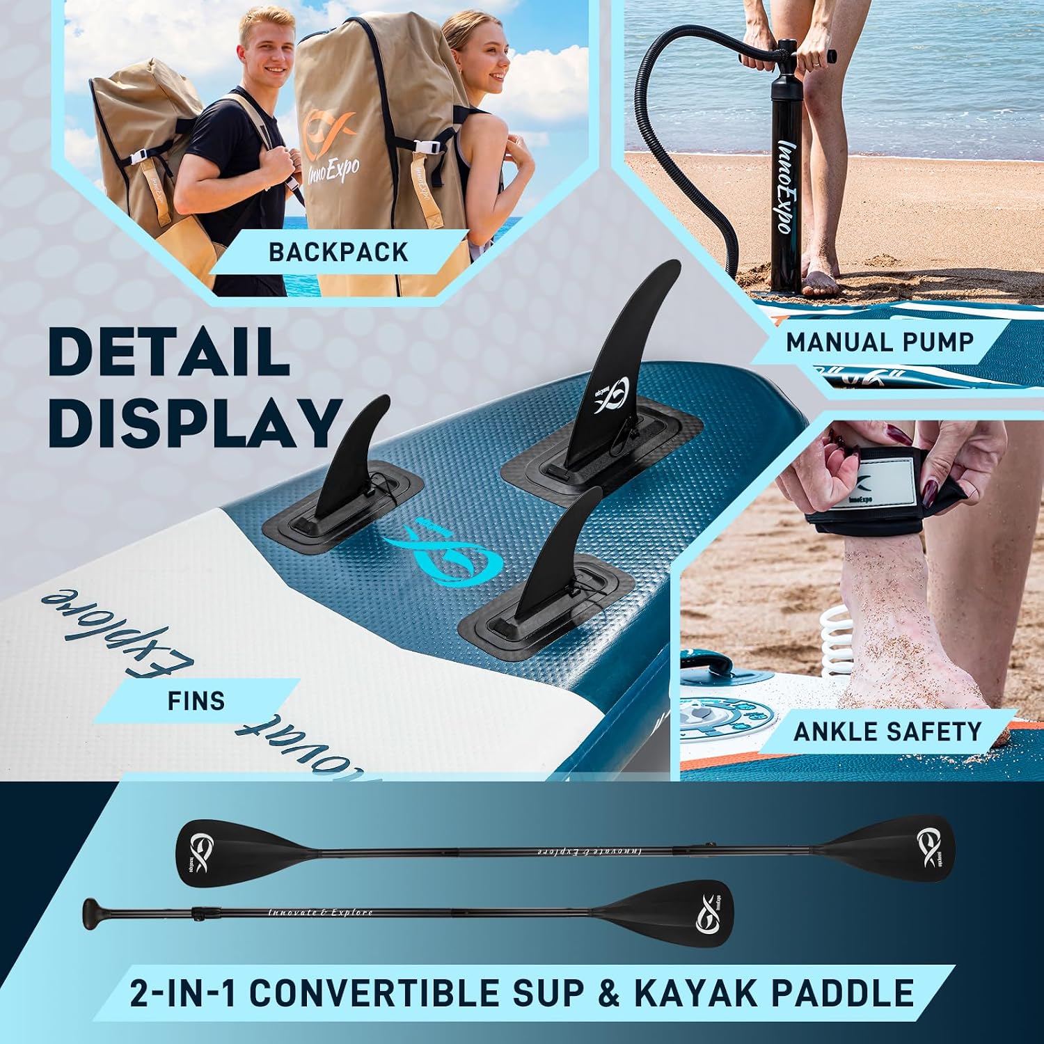 InnoExpo 11' Inflatable Stand Up Paddle Boards with Premium Accessories, Wide Stable SUP Paddle Board Design, Non-Slip Comfort Deck for Youth & Adults