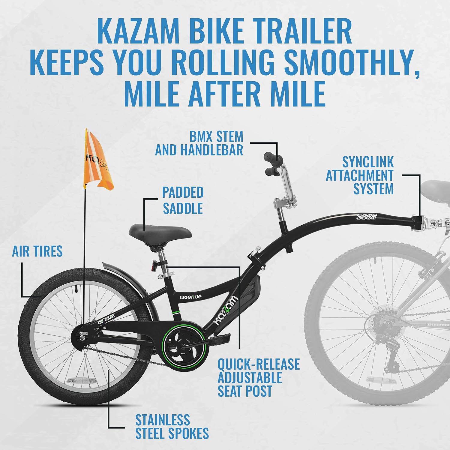 KaZAM Co-Pilot Bike Trailer - 20 Inch Bike Trailer with Adjustable BMX Stem and Handlebar - Lightweight Aluminum Frame and Padded Saddle for Cycling - Perfect for Family Rides