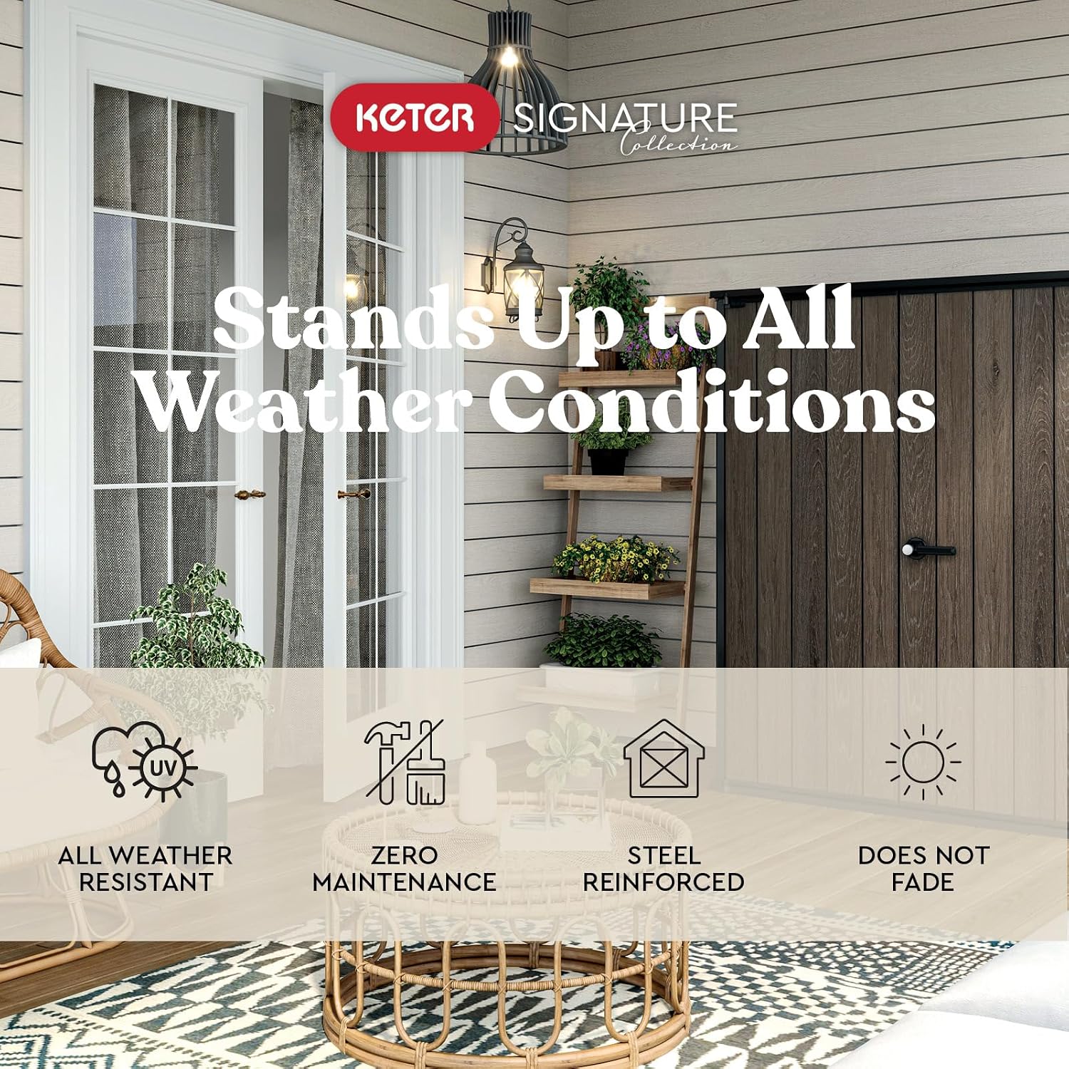 Signature Collection Vertical Outdoor Storage Shed, Weather-Resistant Resin Storage Cabinet with Double Doors & Heavy-Duty Floor, Walnut