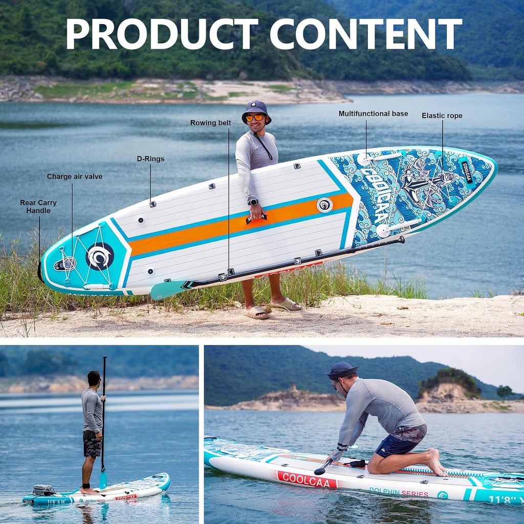 COOLCAA Dolphin Inflatable Paddle Board, Extra Wide & Stable SUP for Family and Beginners, Versatile for Water Activities, with Complete Accessories & Backpack