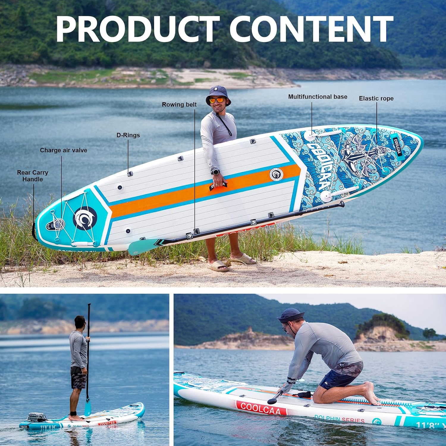 COOLCAA Dolphin Inflatable Paddle Board, Extra Wide & Stable SUP for Family and Beginners, Versatile for Water Activities, with Complete Accessories & Backpack