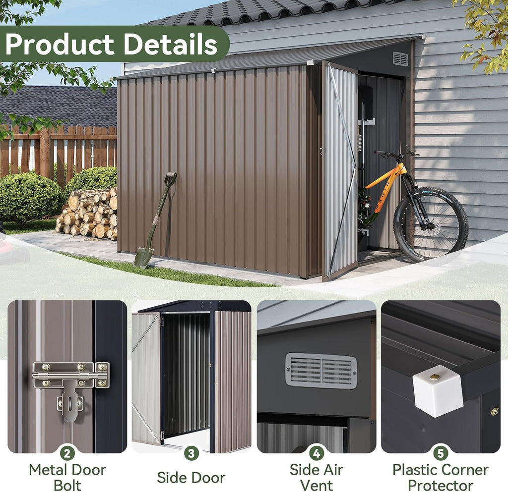 7'x5.5' Lean to Shed Large Storage Room Galvanized Steel Storage Sheds with Side Door Waterproof Utility Shed with Sloped Roof for Mower, Bike, Garden Tools (Brown)