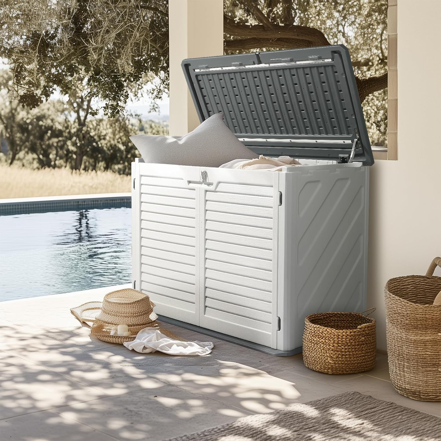 VINGLI Outdoor Storage Shed, Resin Storage Cabinet with Lockable Design, Weatherproof Tool Shed with HDPE Material, Resin Deck Box for Garden Tools, Pool Equipment, Garbage Cans, White (31.5 Cu.ft)