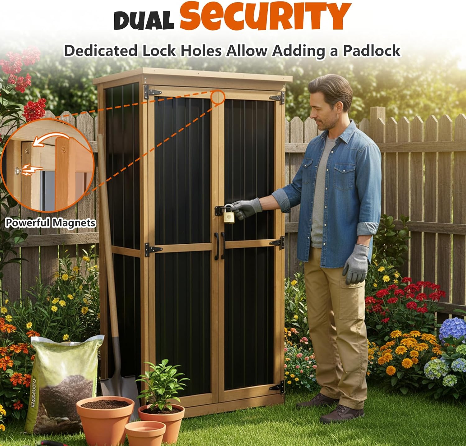 Outdoor Storage Cabinet with Shelves, Wood & Metal Storage Shed with Weatherproof Roof, Lockable Doors, Adjustable Feet, Outside Storage Cabinet for Garage, Patio (15.6' D x 32.3' W x 65.8' H)