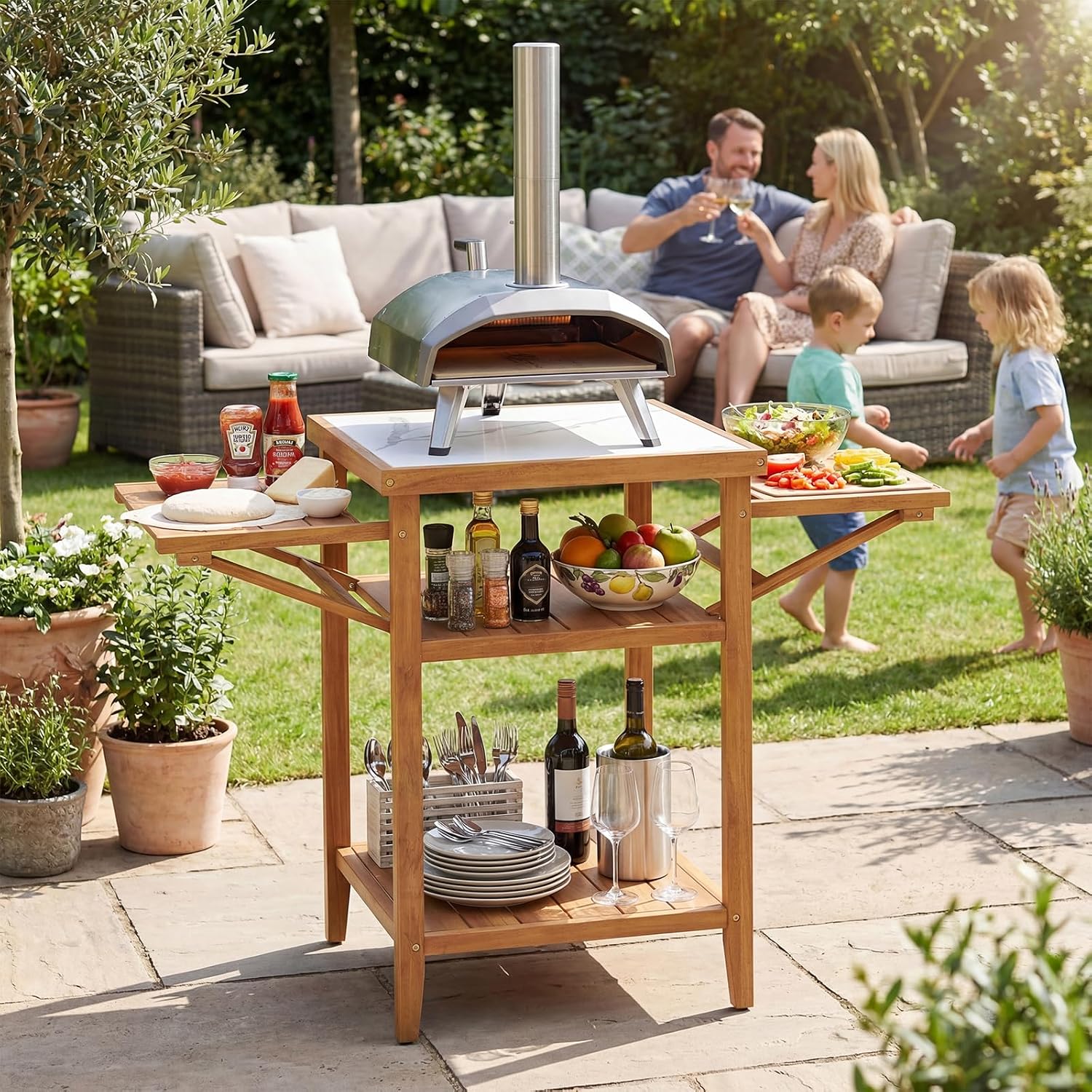 HAPPYGRILL Outdoor Wood Grill Table, Outside Kitchen Island & BBQ Prep Table w/Faux Marble Top, Drop-Leaf Side Panels & 2-Tier Open Shelves, Acacia Wood Pizza Oven Grill Cart for Patio Backyard Party