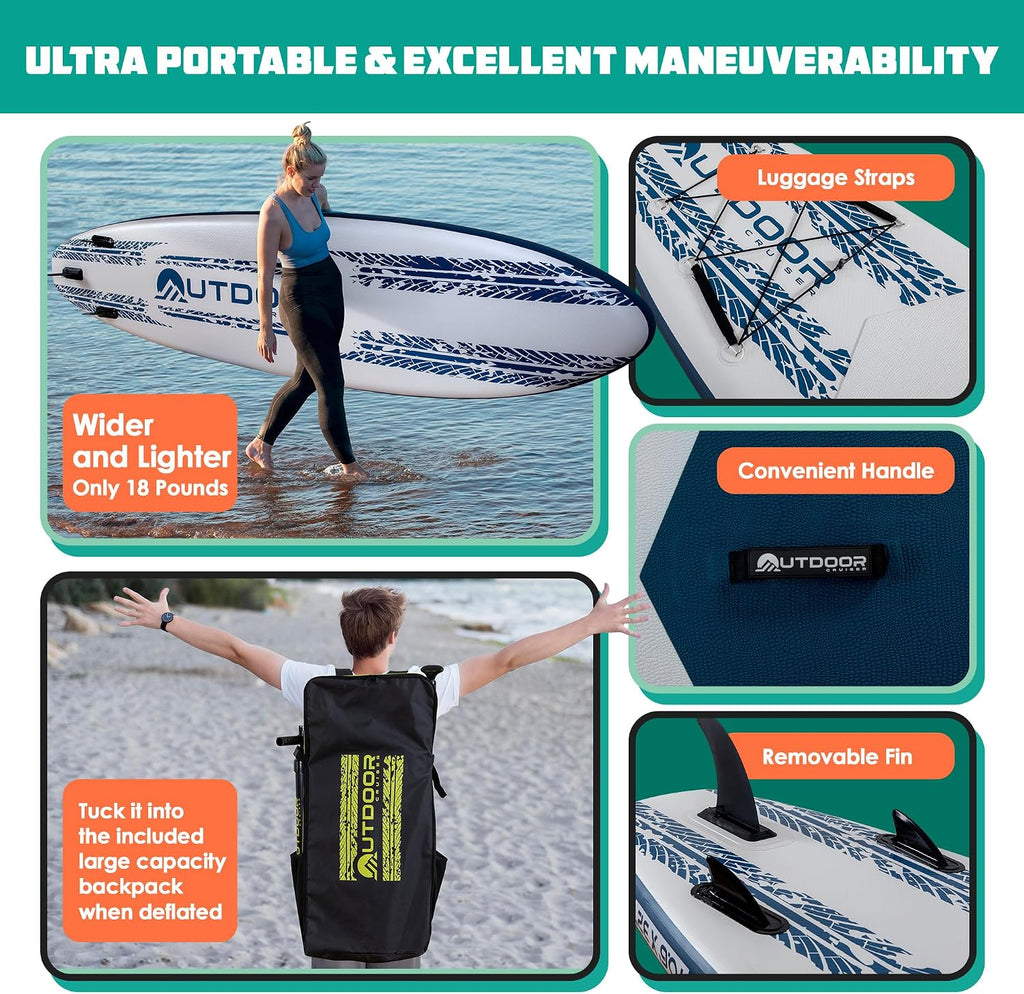OutdoorCrusier Ultra-Portable Inflatable Stand-Up Paddle Board, Lightweight & Stable with Non-Slip Design, Complete SUP Accessories, Durable Drop-Stitch Material