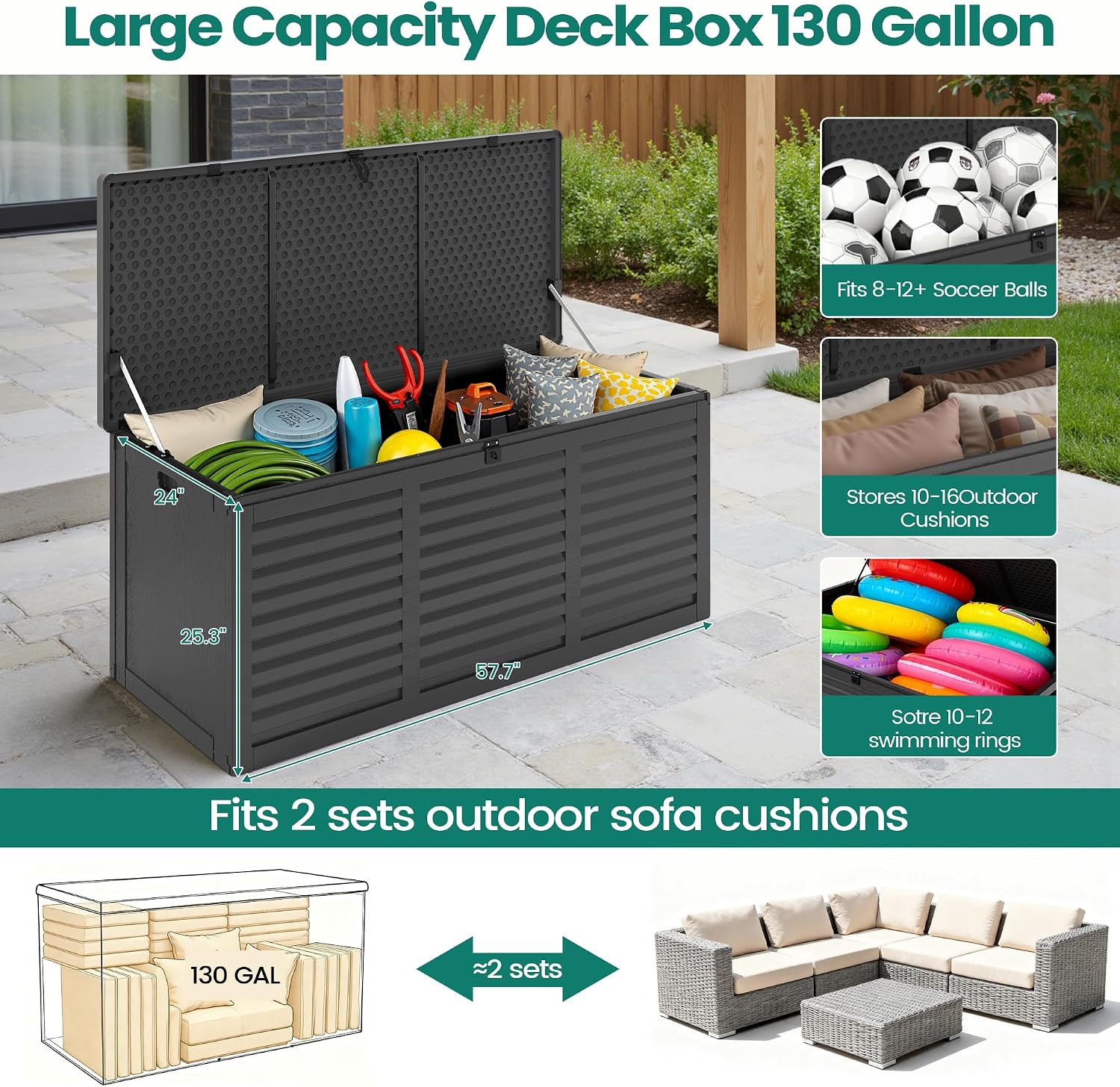 Resin Deck Box 130 Gallon, Lockable & Waterproof Outdoor Storage, UV-Resistant Patio Box for Cushions, Tools, and Outdoor Accessories (Black)