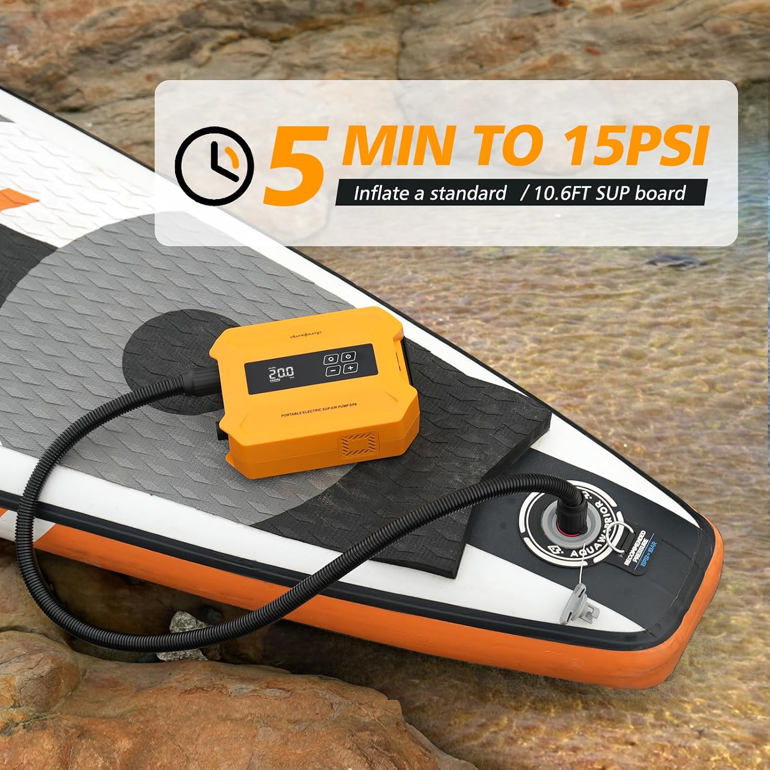 dwndpump Paddle Board Pump Electric Portable, 20PSI High-Pressure SUP Pump, Intelligent Dual-Stage Inflation Deflation Function, Auto-Off, LED Display, Air Pump for Paddleboards, Inflatable Boat Tents