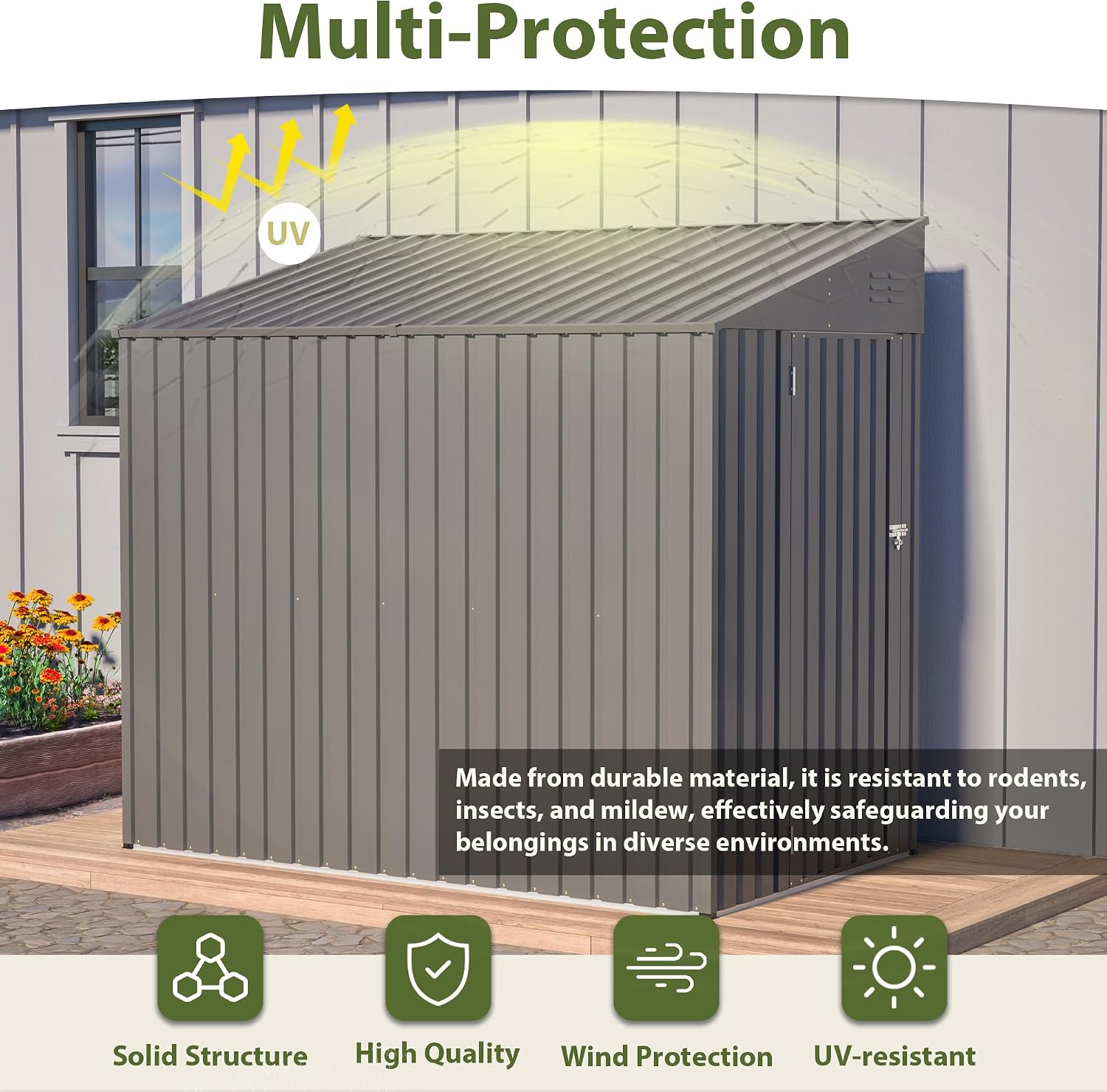 4×7 Ft Lean to Shed, Small Metal Outdoor Storage Shed, 0.25mm Galvanized Steel Metal Garden Tool Shed Waterproof with Lockable Door for Backyard, Patio, Garden, Grey