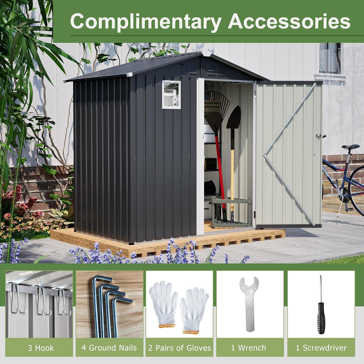 6x4ft Tool Storage Shed with Lockable Doors & Window, Metal Garden Tool Shed with Sloped Roof, Steel Outdoor Storage Shed for Garden, Patio, Garage, Backyard, Lawn - Dark Gray